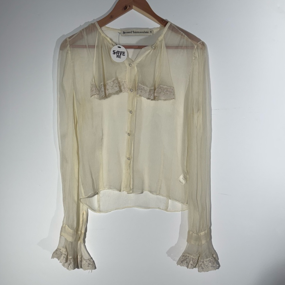 RARE Stoned Immaculate Cream Blouse with Ruffled Sleeves NWT
